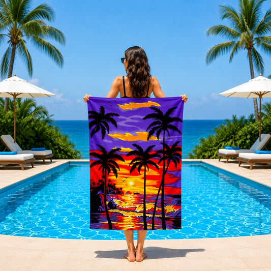 Prosop de Plajă Tropical Sunset 90x170 cm – Microfibră Premium, Design Palmieri