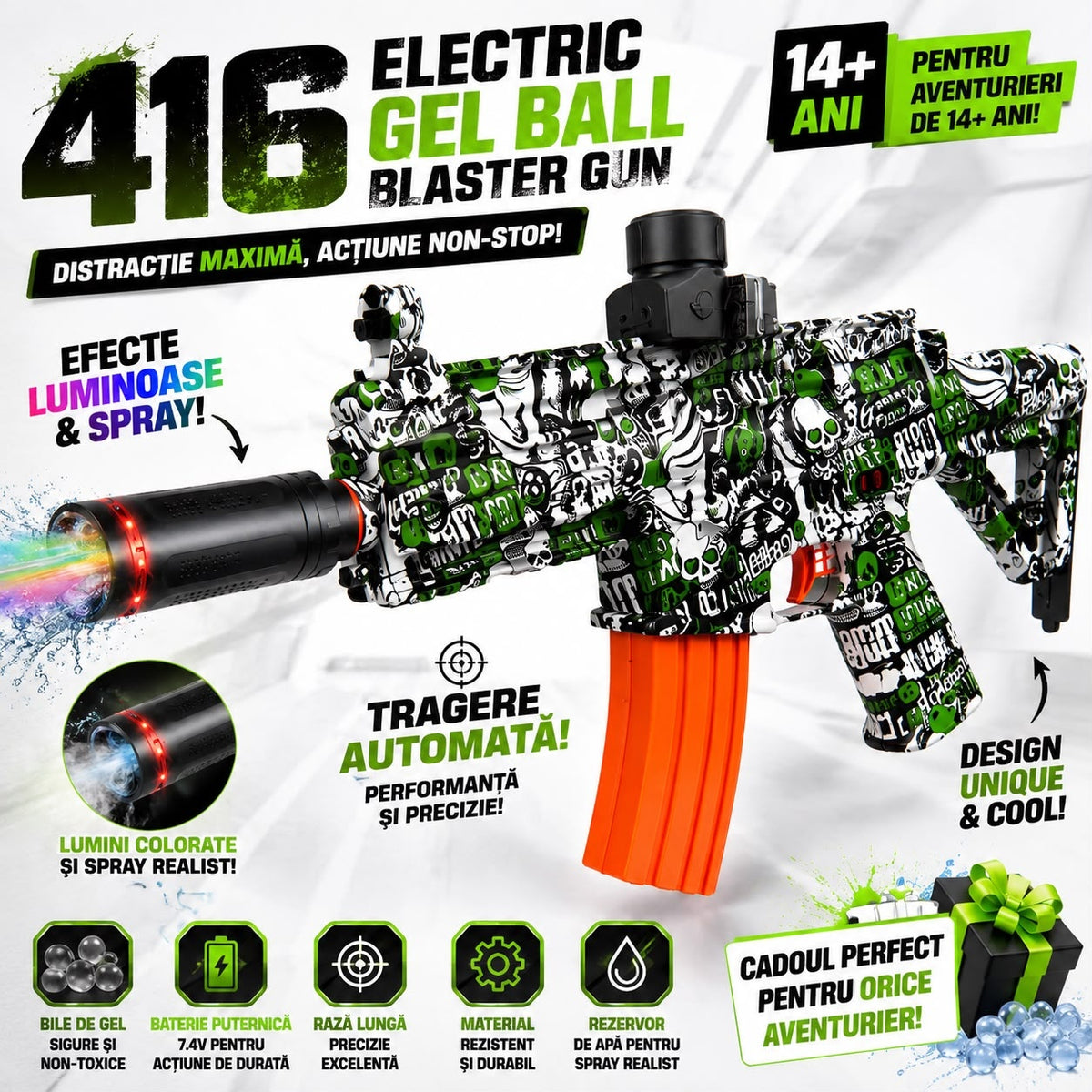 Pușcă de Jucărie cu Bile din Gel, Trageri Automată și Manuală, Lumini LED și Efect Pulverizare, model aleatoriu