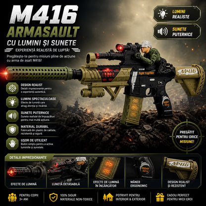 Pușcă de Jucărie M416 cu Lumini și Sunete, 50 cm – Armă de Asalt pentru Copii, Efecte Realiste, 3+ Ani