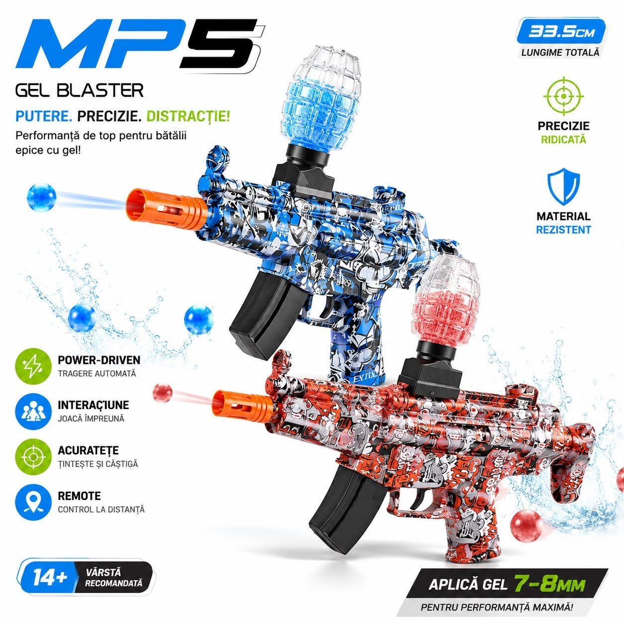 Pușcă Electrică cu Bile din Gel MP5 Gel Blaster – Lansator Automat cu Muniție Gel 7–8 mm
