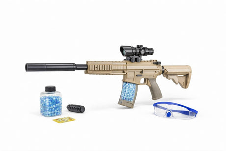 Pusca electrica cu crystal bullet, luneta si amortizor, model tactic, negru-bej