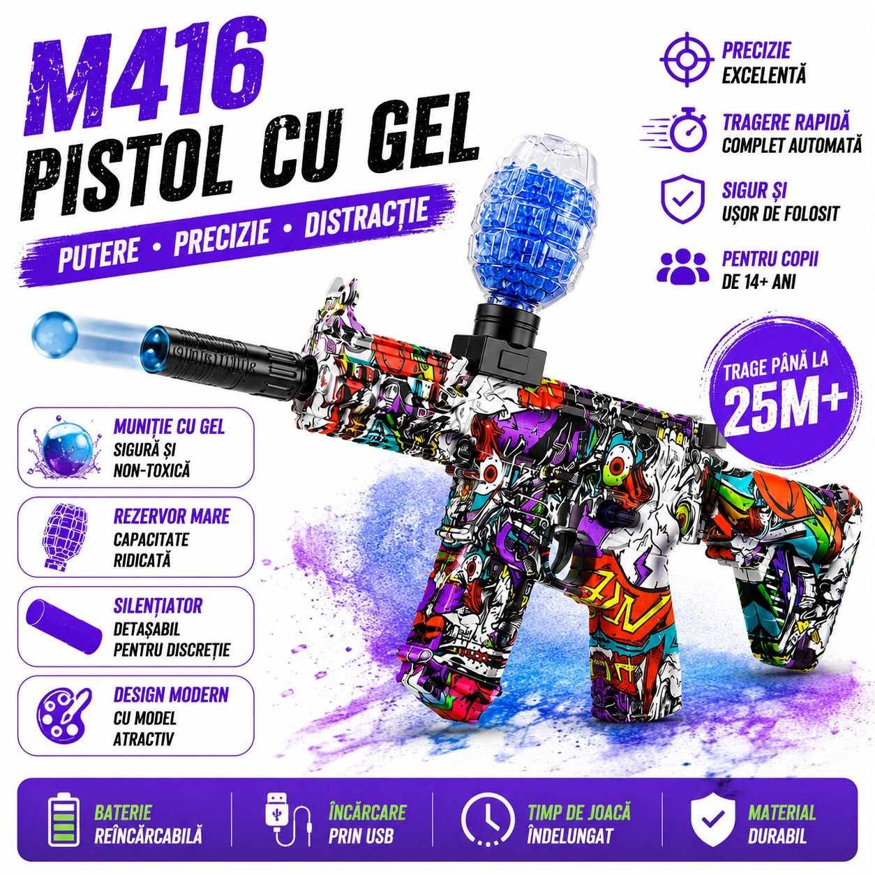 Pușcă Electrică de Jucărie M416 cu Bile Gel, Reîncărcabilă USB, Rezervor Mare, Model Camuflaj