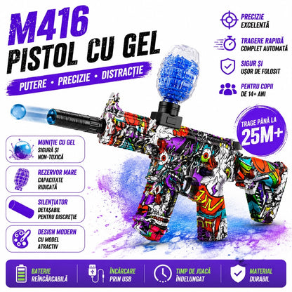 Pușcă Electrică de Jucărie M416 cu Bile Gel, Reîncărcabilă USB, Rezervor Mare, Model Camuflaj
