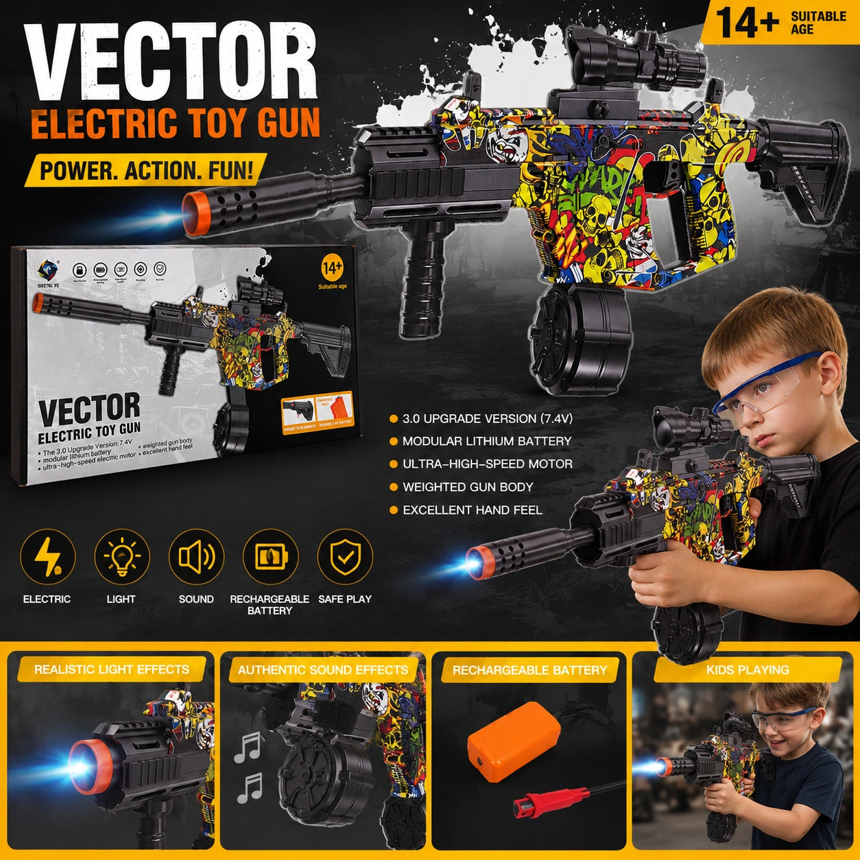 Pusca Electrica Vector cu Sunete, Lumini, Luneta si Ochelari Protectie, Acumulator 7.4V