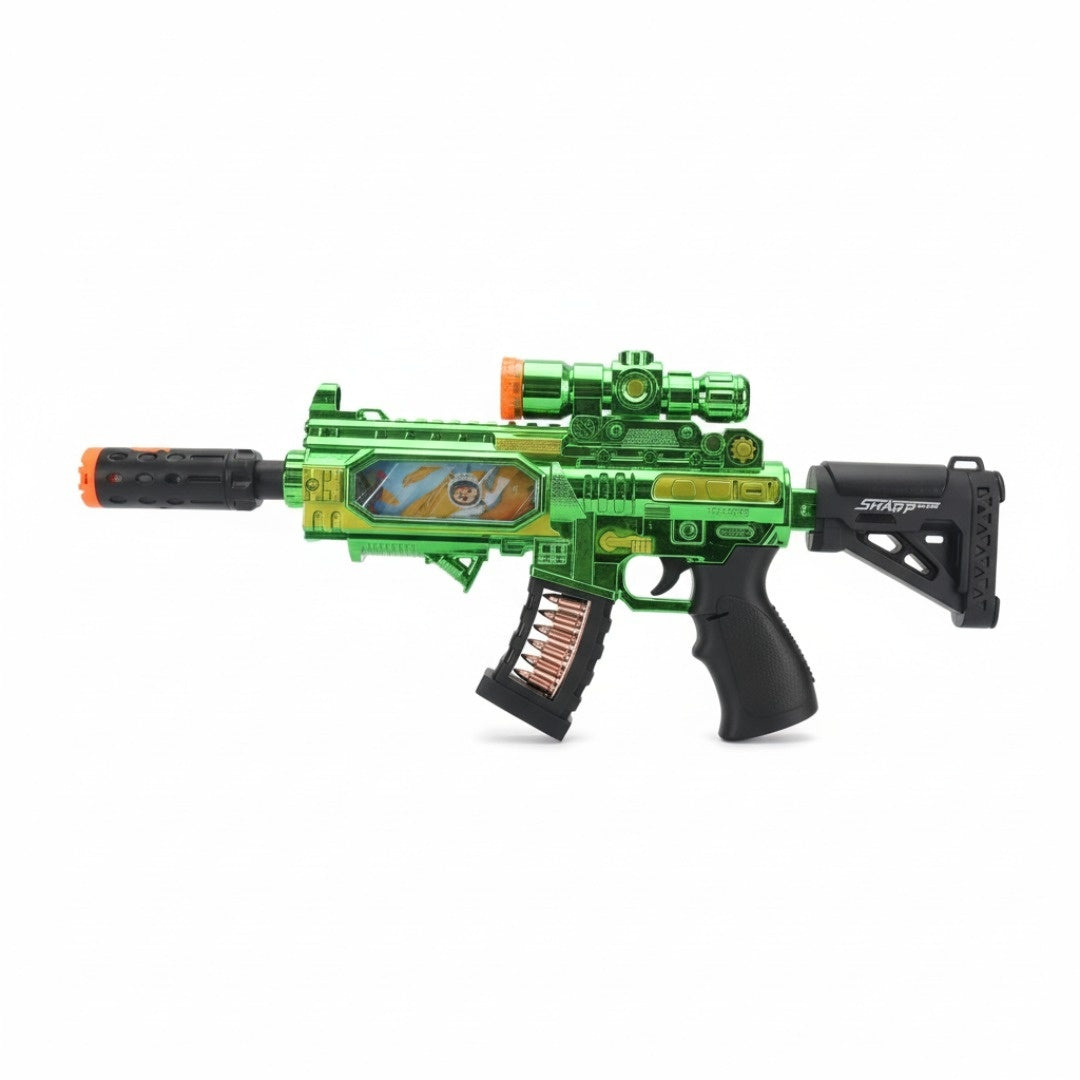 Pusca jucarie electrica, 35.5 cm verde cu luneta, lumini, sunet si efect abur