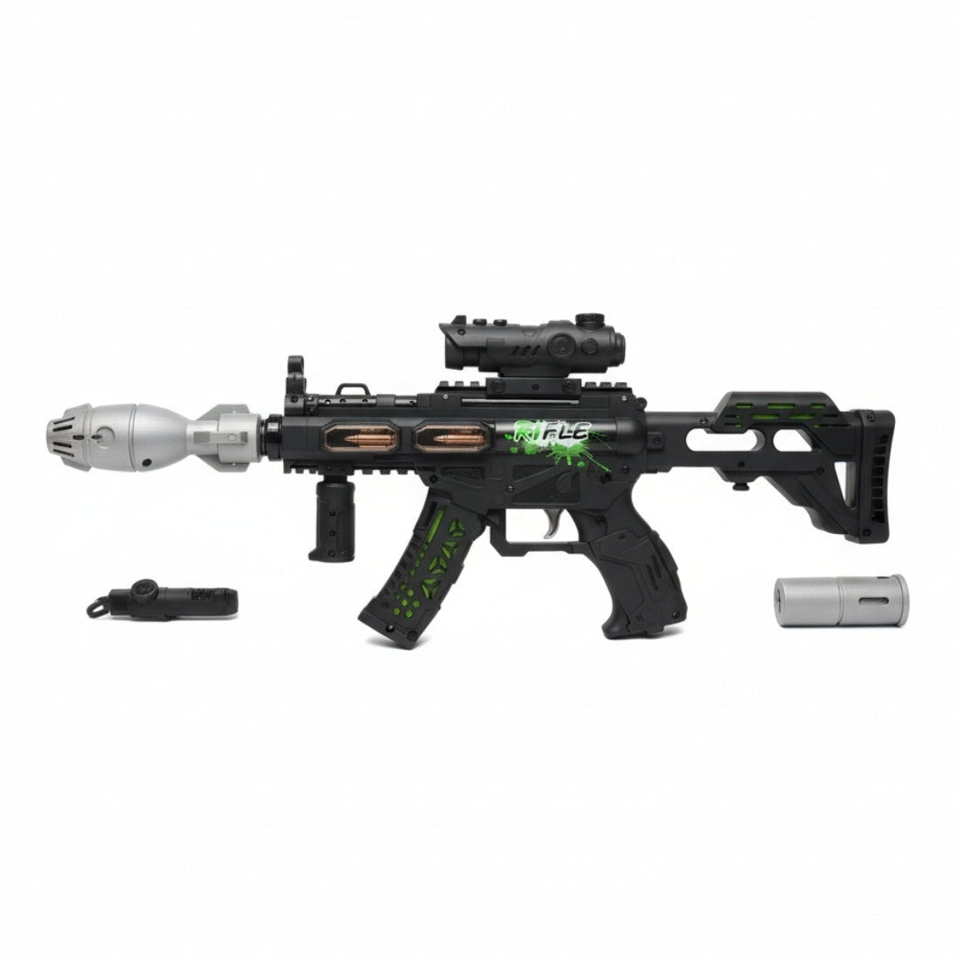 Pusca jucarie electrica cu luneta , 48 cm, negru cu verde, cu lumini, sunet si efect de abur