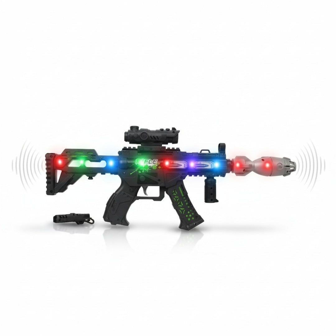 Pusca jucarie electrica cu luneta , 48 cm, negru cu verde, cu lumini, sunet si efect de abur