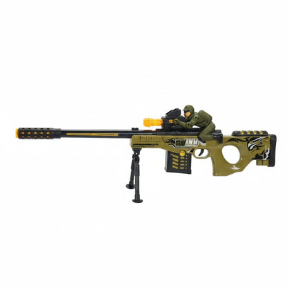 Pusca jucarie electrica sniper 63.5 cm cu lumini, sunete, vibratii si bipod cu soldat