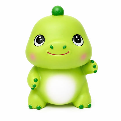 Pușculiță dinozaur verde 20 cm – cutie economii cu capac inferior, design vesel pentru copii