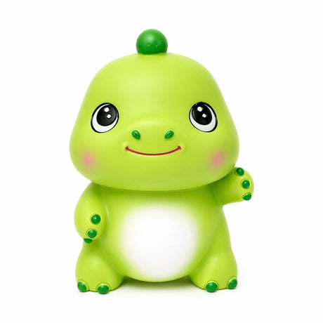 Pușculiță dinozaur verde 20 cm – cutie economii cu capac inferior, design vesel pentru copii