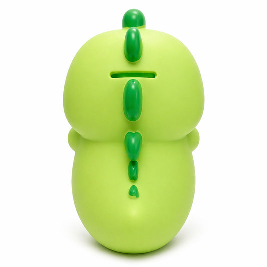 Pușculiță dinozaur verde 20 cm – cutie economii cu capac inferior, design vesel pentru copii