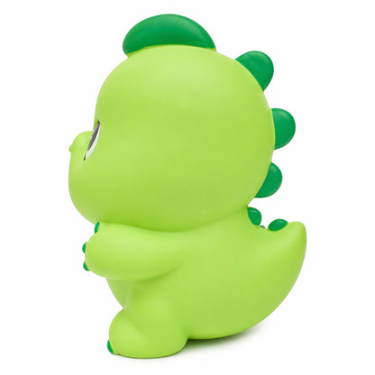 Pușculiță dinozaur verde 20 cm – cutie economii cu capac inferior, design vesel pentru copii
