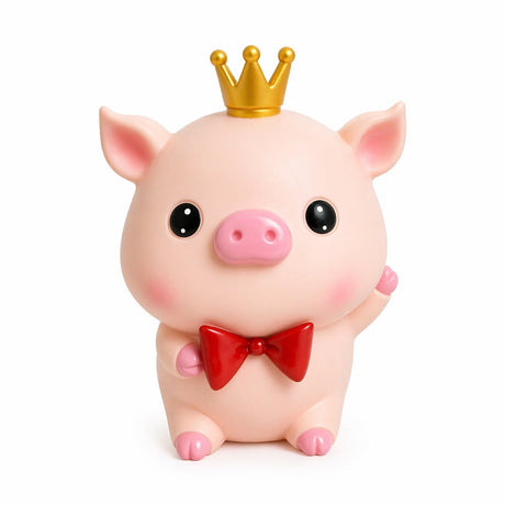 Pușculiță purceluș roz 22 cm cu fundă roșie – cutie economii cu capac inferior