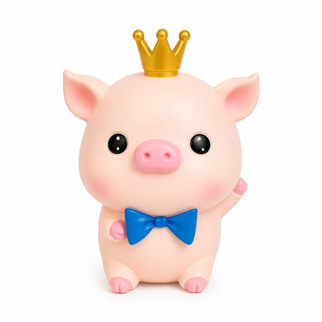Pușculiță purceluș roz cu funda albastra , 22 cm – cutie economii din plastic, capac inferior