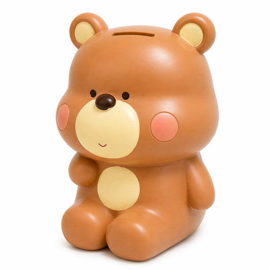 Pușculiță ursuleț maro, 20,5 cm, din plastic, cu capac inferior