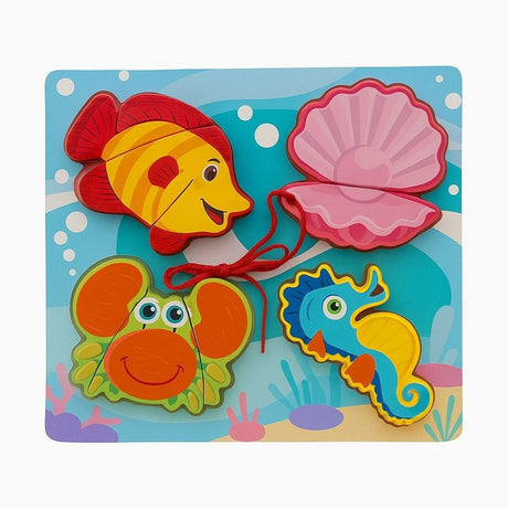 Puzzle din Lemn Educativ pentru Copii , Modele Diverse Fructe si Animale Marine, 19.5x18cm
