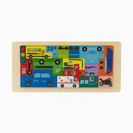 Puzzle Educativ din Lemn Tip Tetris , Modele cu Vehicule, Animale, Dinozauri si Creaturi Marine, 30x13cm