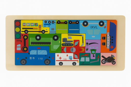 Puzzle Educativ din Lemn Tip Tetris , Modele cu Vehicule, Animale, Dinozauri si Creaturi Marine, 30x13cm