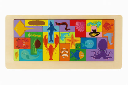Puzzle Educativ din Lemn Tip Tetris , Modele cu Vehicule, Animale, Dinozauri si Creaturi Marine, 30x13cm