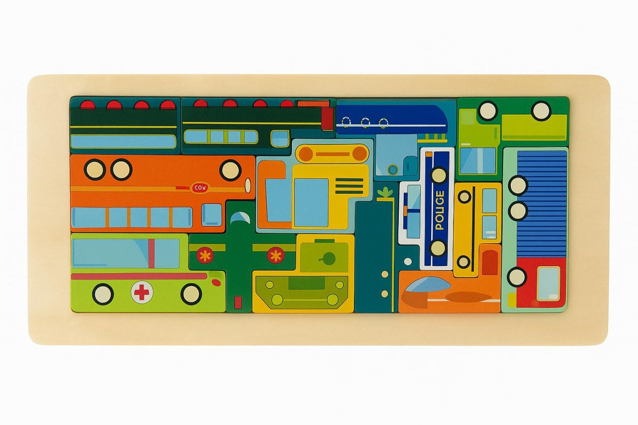 Puzzle Educativ din Lemn Tip Tetris , Modele cu Vehicule, Animale, Dinozauri si Creaturi Marine, 30x13cm