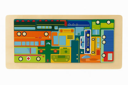 Puzzle Educativ din Lemn Tip Tetris , Modele cu Vehicule, Animale, Dinozauri si Creaturi Marine, 30x13cm