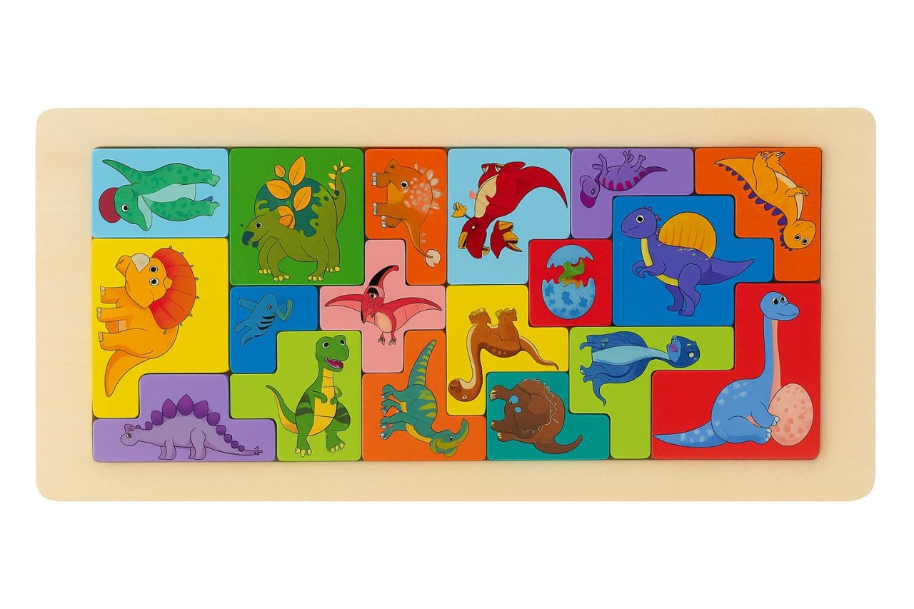 Puzzle Educativ din Lemn Tip Tetris , Modele cu Vehicule, Animale, Dinozauri si Creaturi Marine, 30x13cm