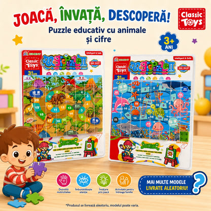 Puzzle Educativ pentru Copii 40x30 cm, Modele Diverse cu Animale și Cifre