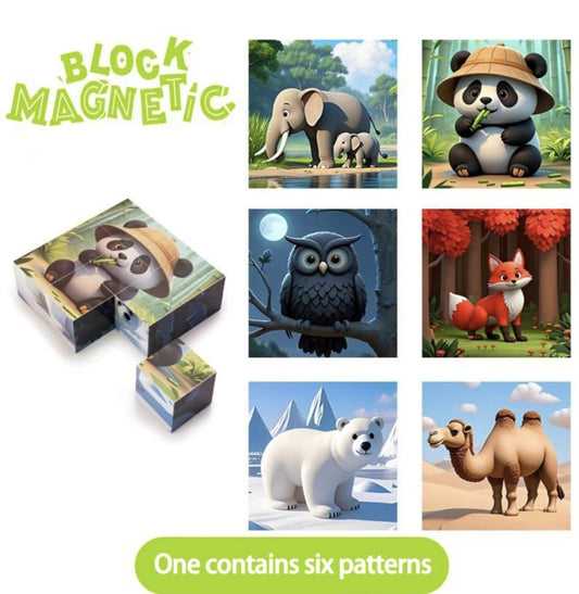 Puzzle magnetic cuburi animale, 6 modele, joc educativ portabil copii