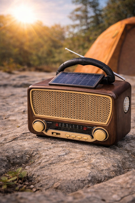 Radio portabil retro cu panou solar, Bluetooth, USB, FM/AM, acumulator reincarcabil