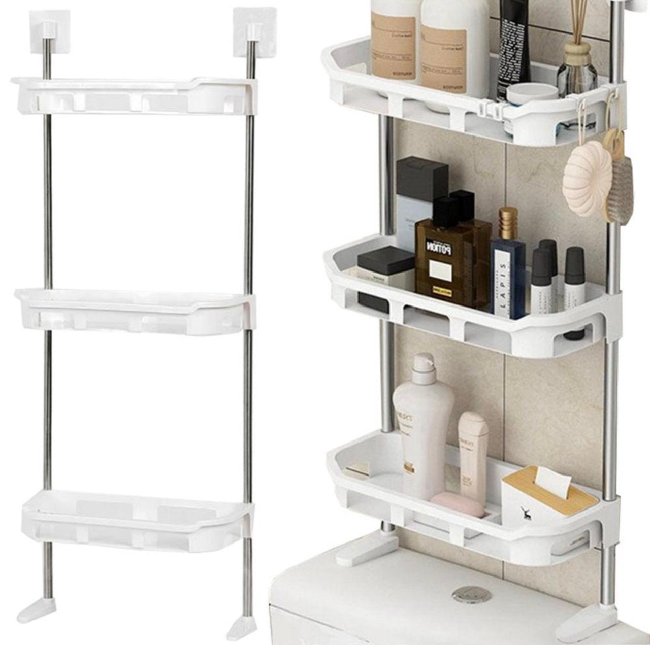 Raft multifunctional depozitare plastic alb, 3 niveluri, organizator baie bucatarie