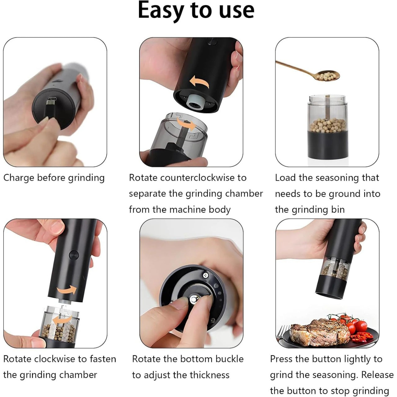Râșniță electrică pentru sare și piper Jiji, din plastic, ajustare grosime, neagră