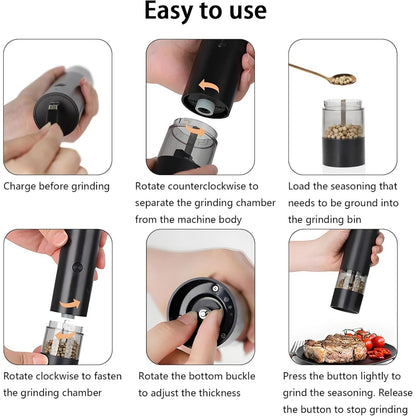 Râșniță electrică pentru sare și piper Jiji, din plastic, ajustare grosime, neagră