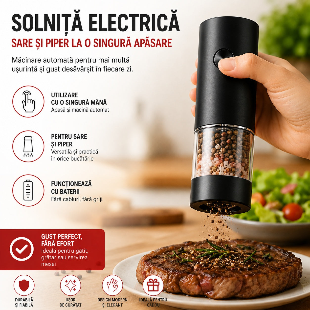 Râșniță Electrică pentru Sare și Piper, Neagră, 18 cm – Funcționare pe Baterii