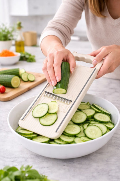Răzătoare de bucătărie tip mandolină, plastic alb, control ergonomic