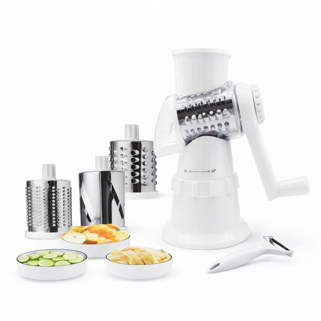 Razatoare manuala multifunctionala 4 in 1 pentru legume si fructe cu tamburi inox gri