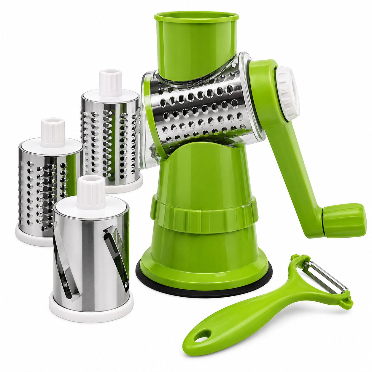 Razatoare manuala multifunctionala 4 in 1 pentru legume si fructe cu tamburi inox verde
