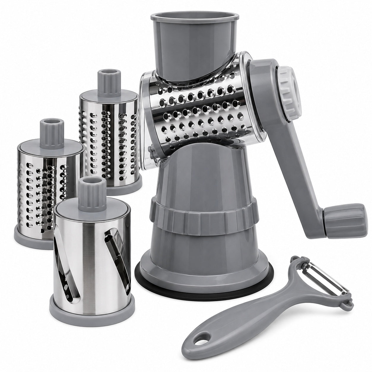 Razatoare manuala multifunctionala 4 in 1 pentru legume si fructe cu tamburi inox gri