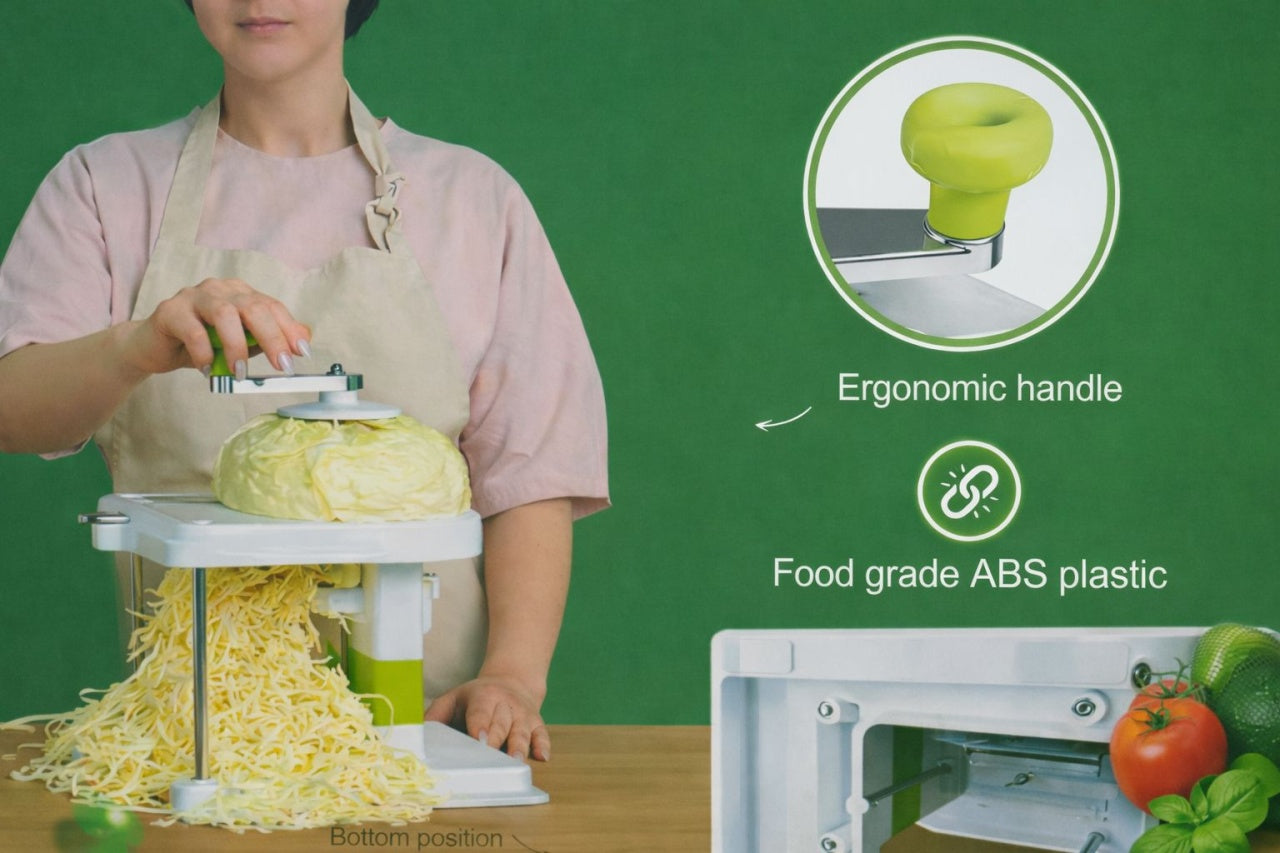 Răzătoare manuală pentru legume și varză cu manivelă și mâner ergonomic, alb