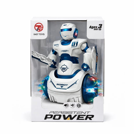 Robot interactiv cu lumini si sunete, miscare pe roti, alb cu albastru/rosu