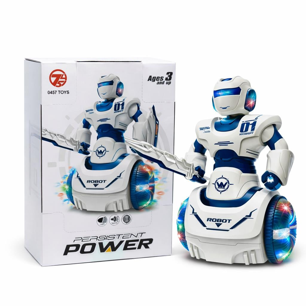 Robot interactiv cu lumini si sunete, miscare pe roti, alb cu albastru/rosu