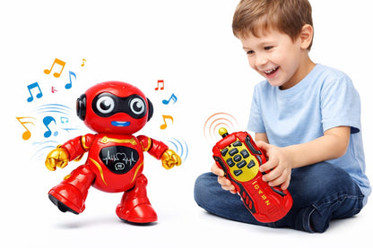 Robot interactiv cu telecomanda, dans, lumini si muzica, rosu