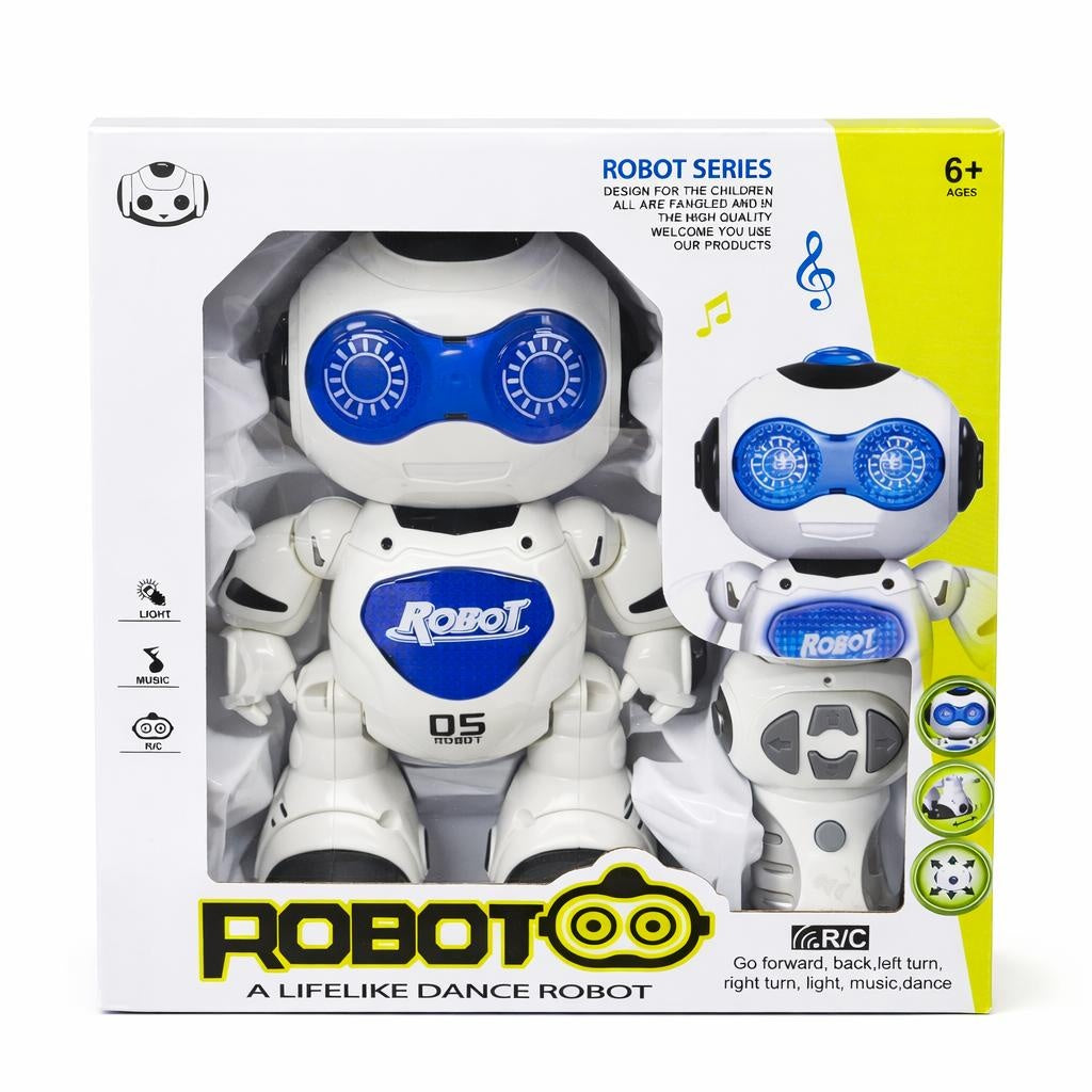 Robot interactiv radiocomandat, cu lumini si sunete, dansator, alb cu albastru