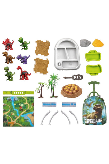 Rucsac cu temă dinozauri și accesorii, 2 dinozauri de asamblat, șurubelniță, hartă, 20,5x23,5x9,5 cm