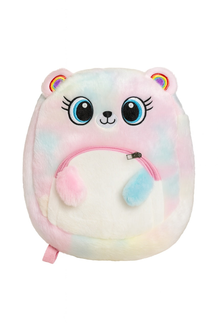 Rucsac plus Rainbow Bear, roz pastel, moale si pufos, 32x30 cm, pentru copii