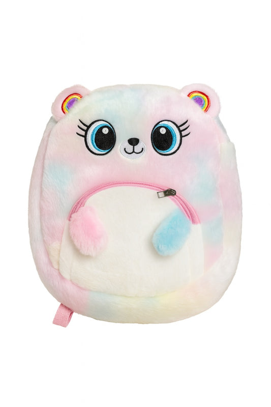 Rucsac plus Rainbow Bear, roz pastel, moale si pufos, 32x30 cm, pentru copii