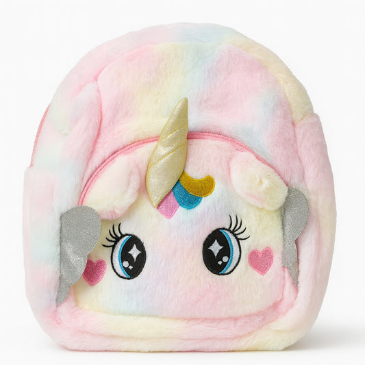 Rucsac plus Unicorn multicolor pentru copii, foarte moale, 35x30 cm, model cu corn auriu