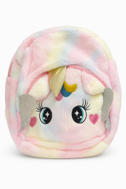 Rucsac plus Unicorn multicolor pentru copii, foarte moale, 35x30 cm, model cu corn auriu