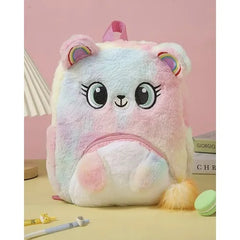 Rucsac Pufos Copii Pastel Curcubeu, Model Ursulet, 32 cm, Material Moale si Urechile 3D