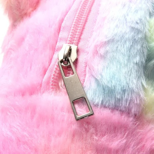 Rucsac Pufos Copii Pastel Curcubeu, Model Ursulet, 32 cm, Material Moale si Urechile 3D