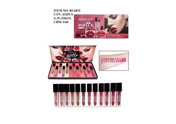 Ruj Lichid Mat Velvet Romantic Color , 12 Nuante, Waterproof, Rezistenta Indelungata